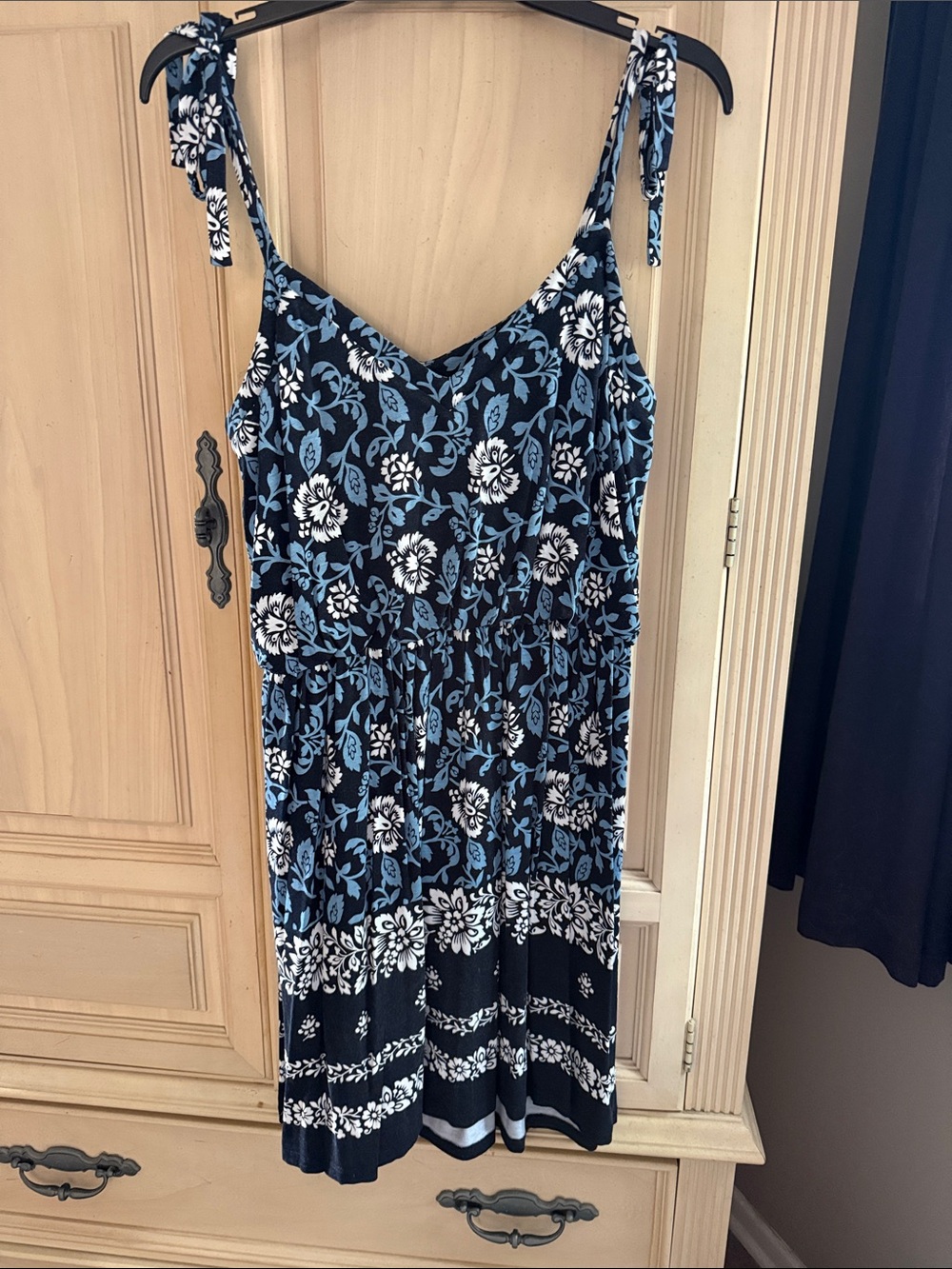 LOFT Black Navy Floral Tie-Shoulder Midi Dress